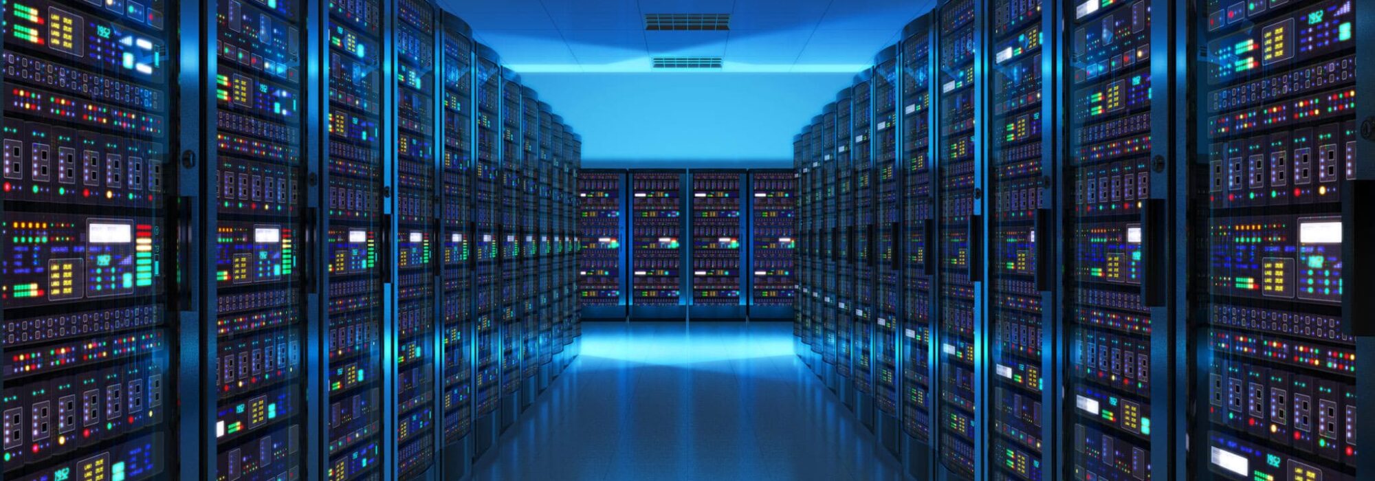 Server room interior in datacenter in blue light