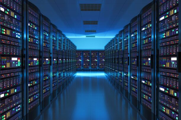 Server room interior in datacenter in blue light